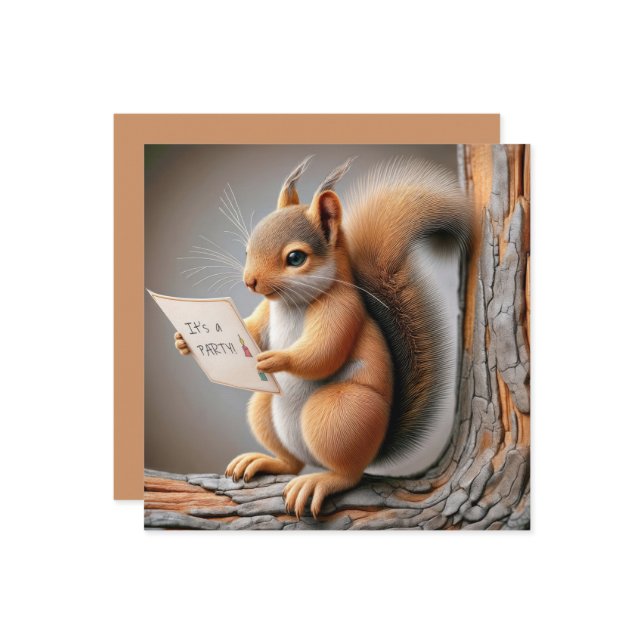Squirrel Reading a Birthday Party Invite (Front/Back In Situ)