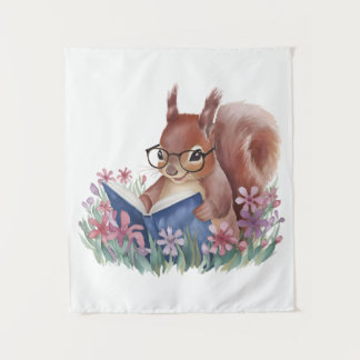 Squirrel Reading A Book, Nestled In Flowers Tapestry