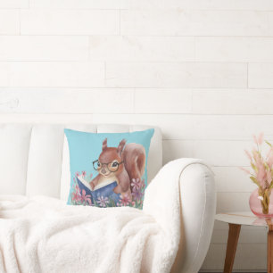 Squirrel Reading A Book, Nestled In Flowers Throw Pillow