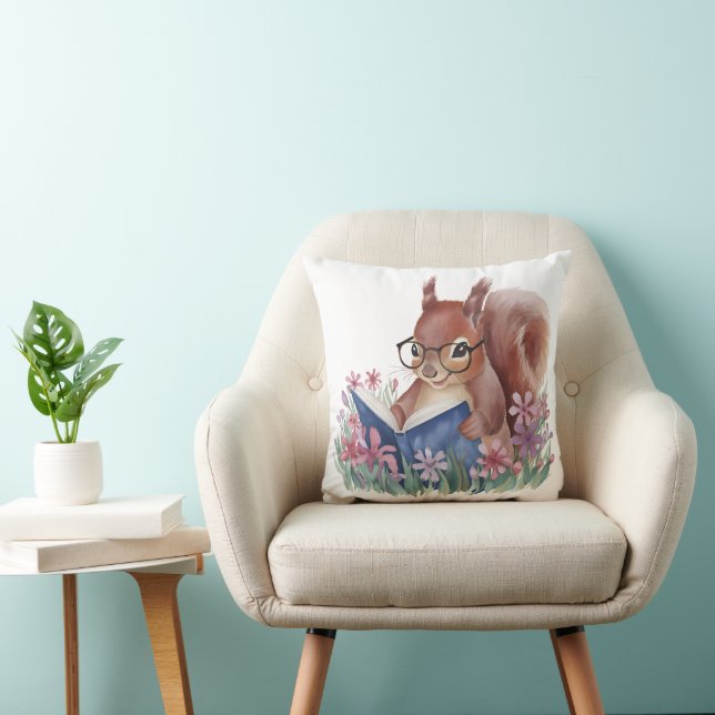 Squirrel Reading A Book, Nestled In Flowers Throw Pillow (Chair)