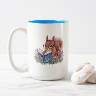 Squirrel Reading A Book Nestled In Flowers Two-Tone Coffee Mug