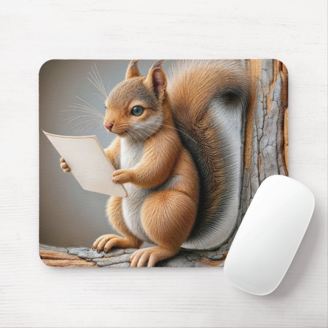 Squirrel Reading a Paper Mouse Pad (With Mouse)