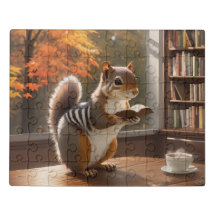 Squirrel Reading Book with Steaming Cup of Coffee