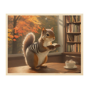 Squirrel Reading Book with Steaming cup of coffee Wood Wall Art