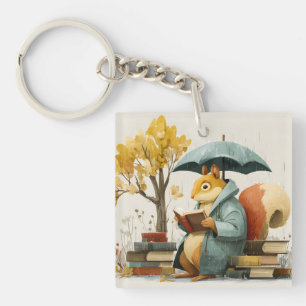 Squirrel Reading Books Under an Umbrella  Keychain