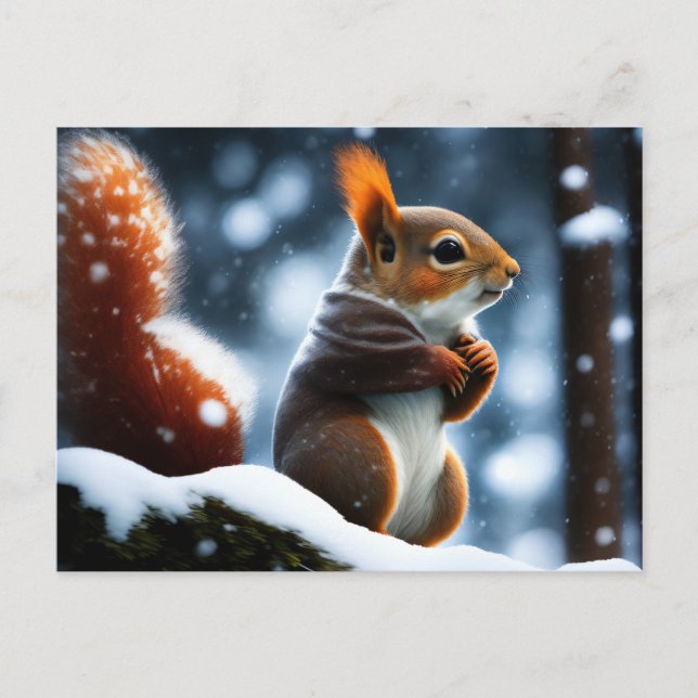 Squirrel resting on a Log in Winter Postcard (Front)