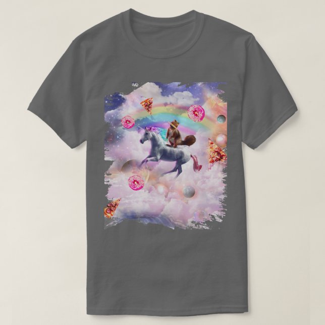 Squirrel Riding Unicorn, Rainbow Pizza Donut  T-Shirt (Design Front)