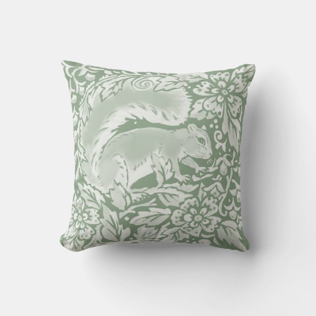Squirrel Sage Green Animal Floral Woodland Pattern Throw Pillow (Front)