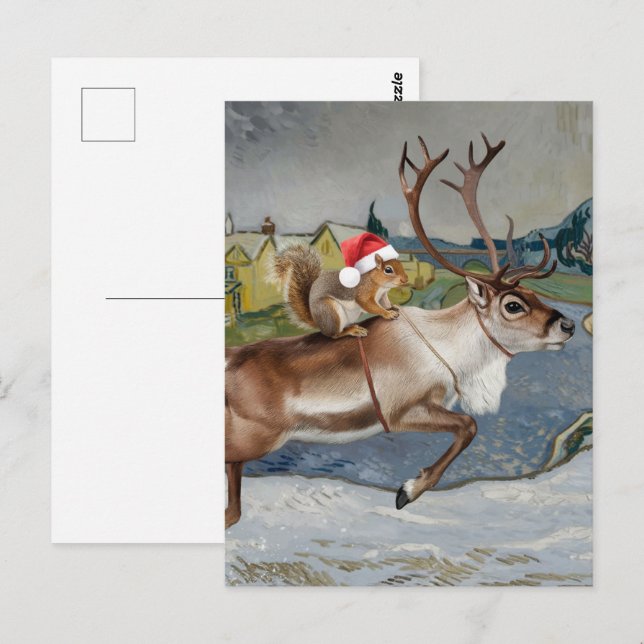 Squirrel Santa and Adorable Reindeer Christmas Postcard (Front/Back)