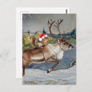 Squirrel Santa and Adorable Reindeer Christmas Postcard