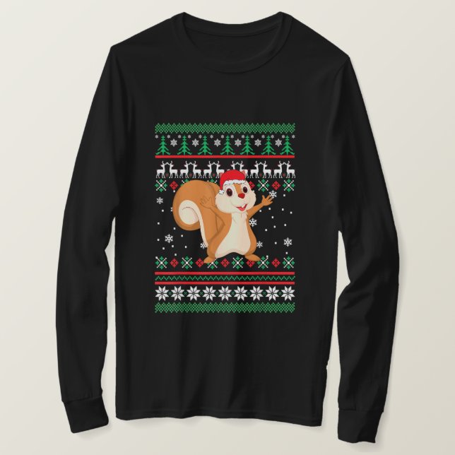 Squirrel Santa Hat Funny UGLY Christmas Pajama Hol T-Shirt (Design Front)