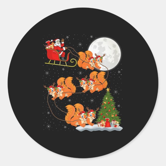 Squirrel Santa Sleigh Flying Funny Magical Christm Classic Round Sticker (Front)