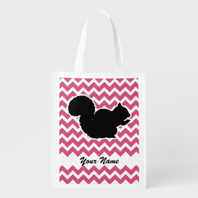 Squirrel Silhouette with Pink Chevron Pattern Grocery Bag (Front)