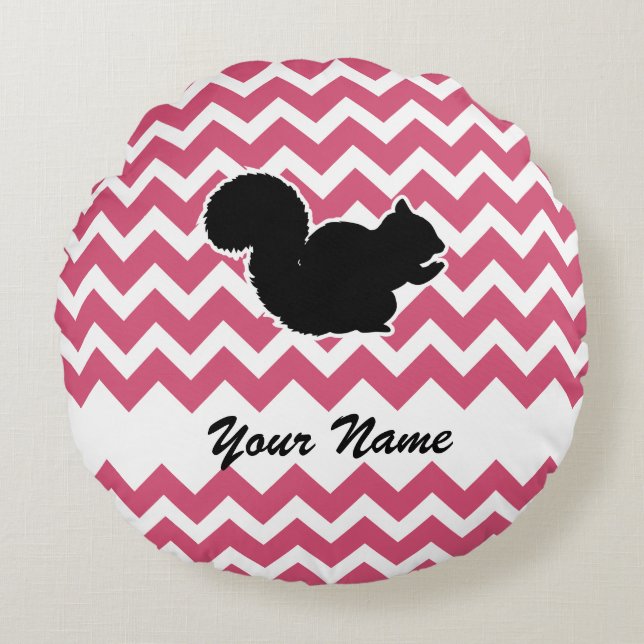 Squirrel Silhouette with Pink Chevron Pattern Round Pillow (Front)