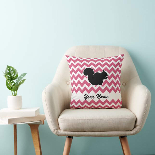 Squirrel Silhouette with Pink Chevron Pattern Throw Pillow (Chair)