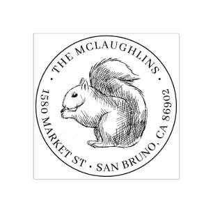 Squirrel Sketch Round Family Name Return Address Rubber Stamp