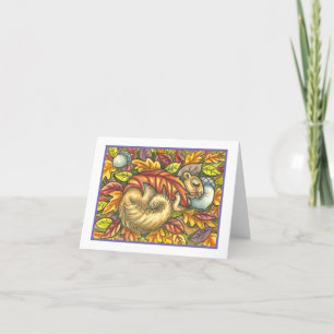 SQUIRREL SLEEPING UNDER AUTUMN LEAVES, SEASONAL CARD
