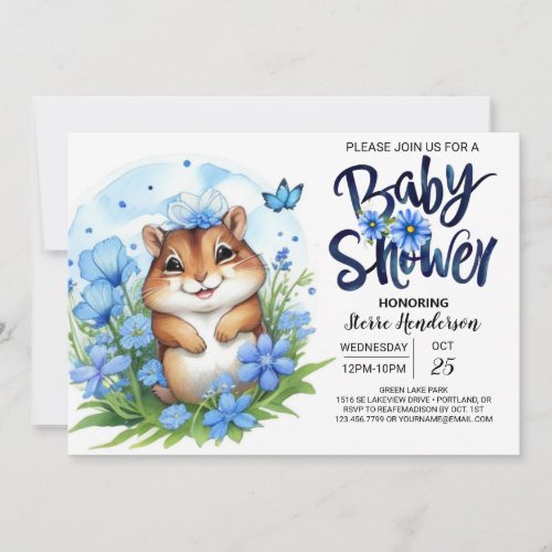 Squirrel Sweetness Floral Blue Boy Baby Shower Invitation