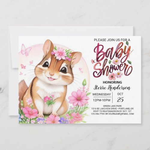 Squirrel Sweetness Pink Floral Girl Baby Shower Invitation