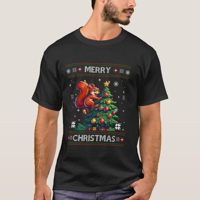 Squirrel Ugly Christmas Snowflakes Light Santa Hat T-Shirt (Front)
