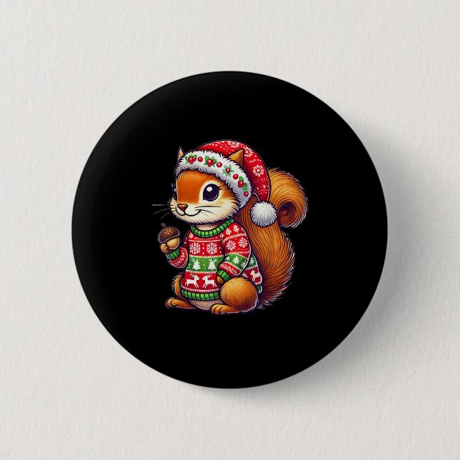 Squirrel Ugly Sweater Santa Hat Christmas  Button (Front)