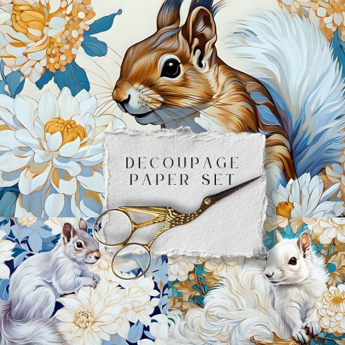 Squirrel Vintage Rustic Floral Botanical Decoupage Wrapping Paper Sheets