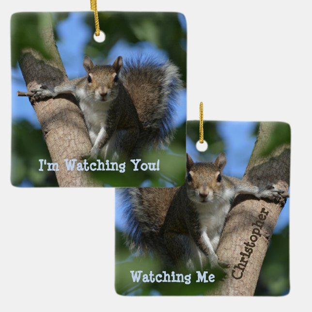 Squirrel Watching from a Tree Personalized Ceramic Ornament (Creator Uploaded)