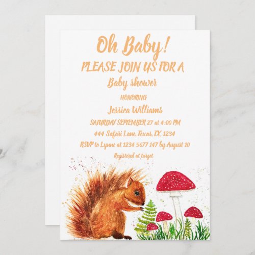 Squirrel Watercolor Baby Girl Boy Mushroom Red Invitation