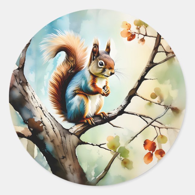 Squirrel Watercolor Nature Classic Round Sticker (Front)