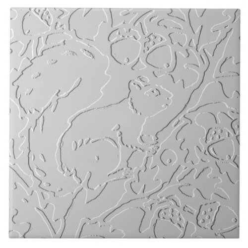 Squirrel White Gray Black Embossed Woodland Acorn Ceramic Tile