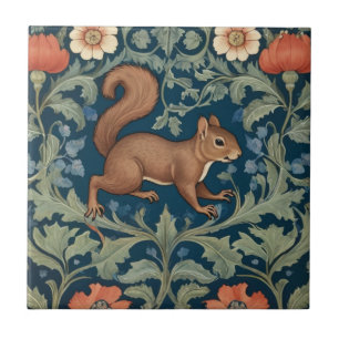 Squirrel William Morris style Right Facing Floral Ceramic Tile