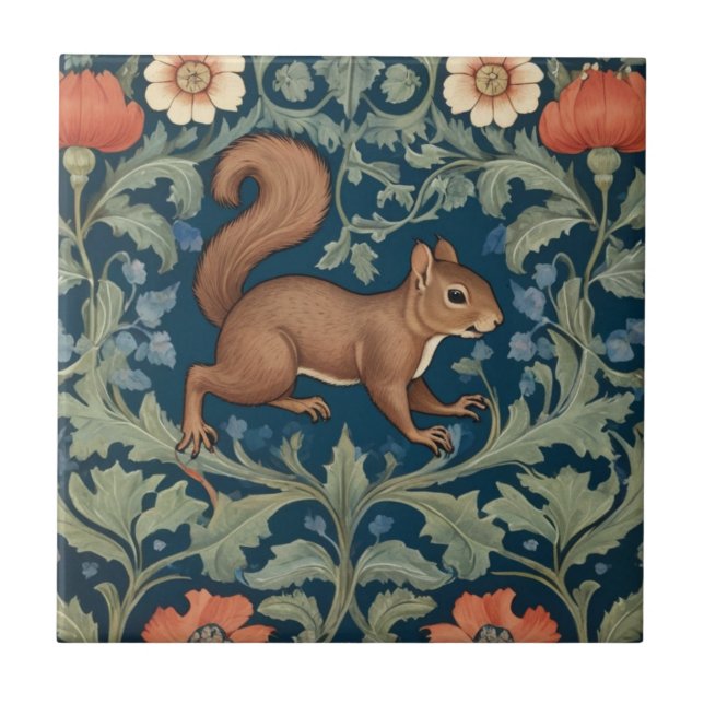 Squirrel William Morris style Right Facing Floral Ceramic Tile (Front)