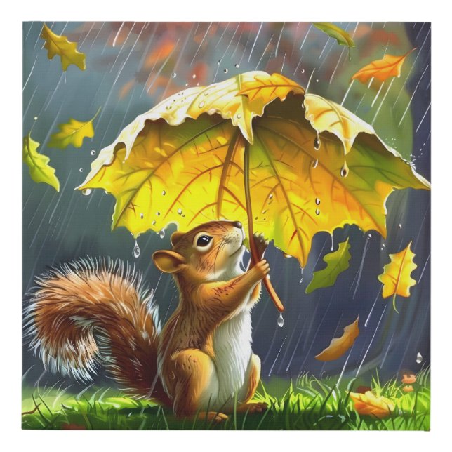 Squirrel With A Leafy Umbrella Faux Canvas Print (Front)