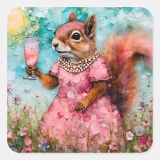 Squirrel with a Pink Dress and a Drink Square Sticker