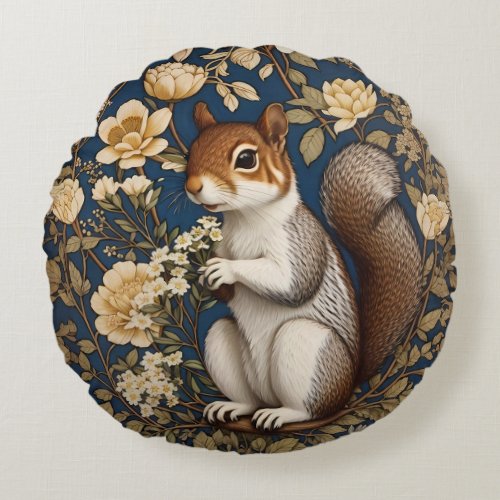 Squirrel With Acacia Flowers William Morris Round Pillow