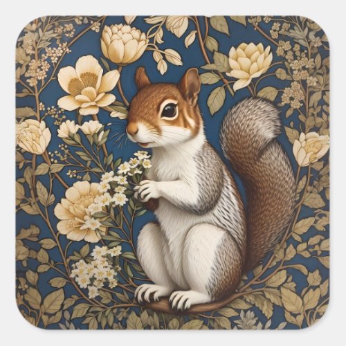 Squirrel With Acacia Flowers William Morris Square Sticker