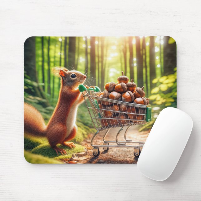 Squirrel With Acorns In a Shopping Cart Mouse Pad (With Mouse)