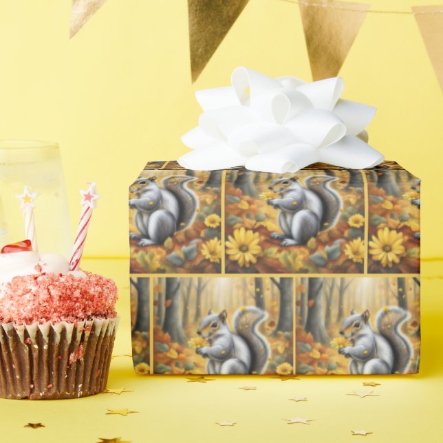 Squirrel With Autumn Daisy Wrapping Paper (Birthday Party)