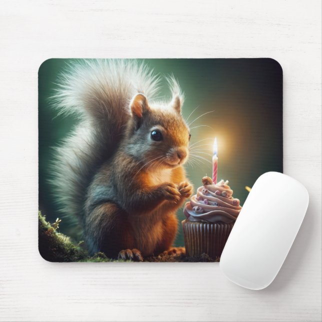 Squirrel With Birthday Cupcake Mouse Pad (With Mouse)