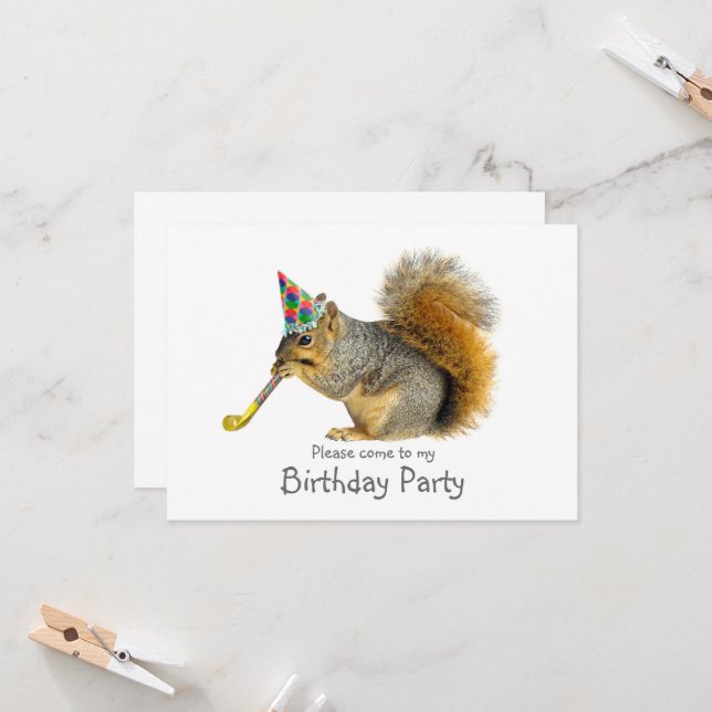 Squirrel with Blower Birthday Party Invitation (Front/Back In Situ)