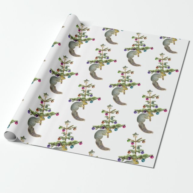 Squirrel with Christmas Tree Wrapping Paper (Unrolled)
