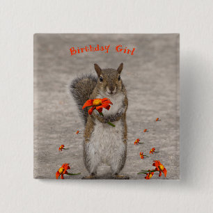 Squirrel with flower for Birthday Girl Button