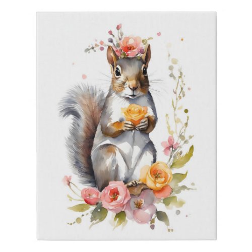 Squirrel with Flowers Faux Wrapped Canvas Print