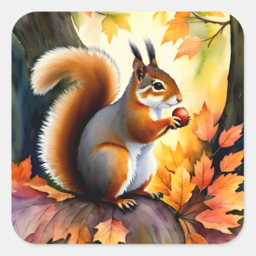 Squirrel With Nut Autumn Portrait Square Sticker