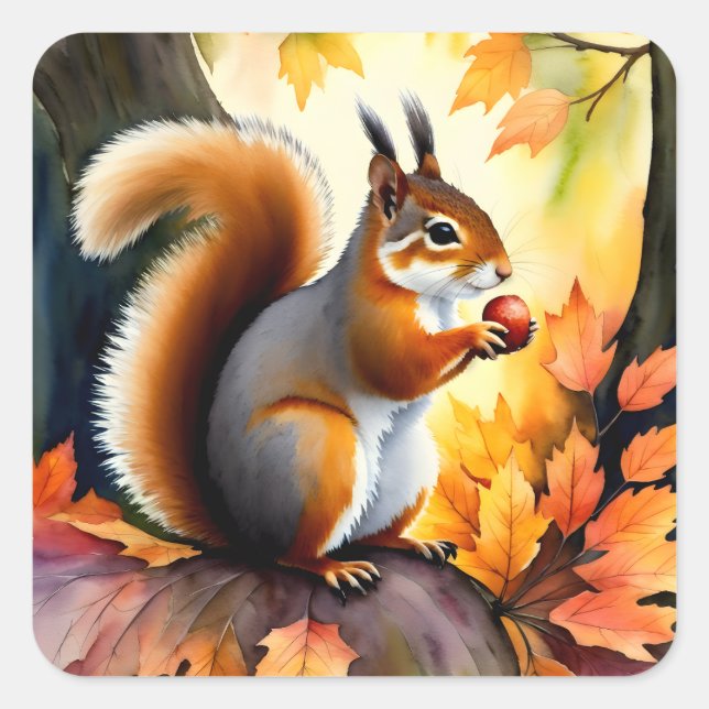 Squirrel With Nut Autumn Portrait Square Sticker (Front)