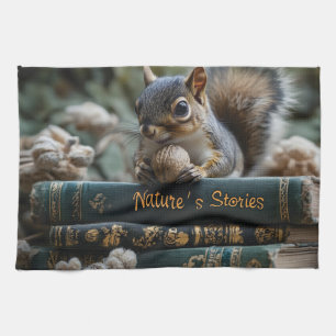 Squirrel with Nut on Antique Books, Nature's Story Kitchen Towel