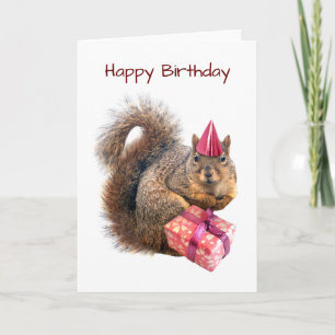 Squirrel with Pink Hat and Gift Birthday Card