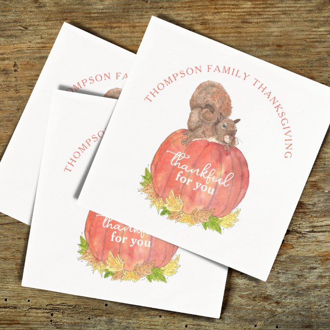 Squirrel with Pumpkin Thanksgiving Napkins (Personalized Squirrel Thanksgiving Napkins)