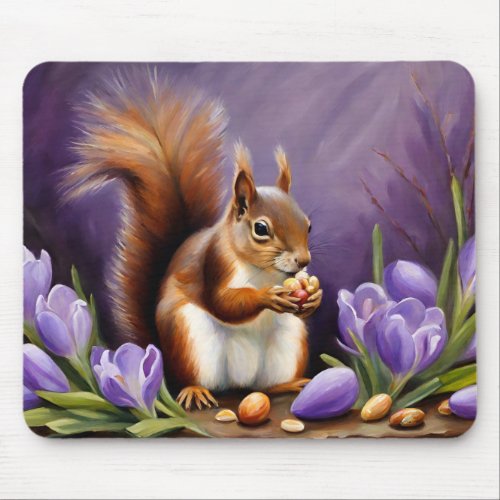 Squirrel With Purple Crocus Flowers Mouse Pad