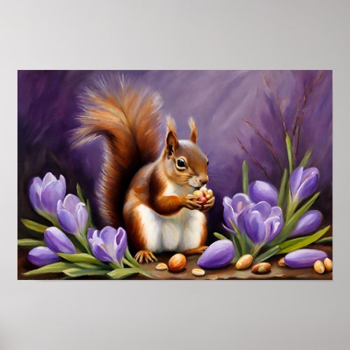 Squirrel With Purple Crocus Flowers Poster